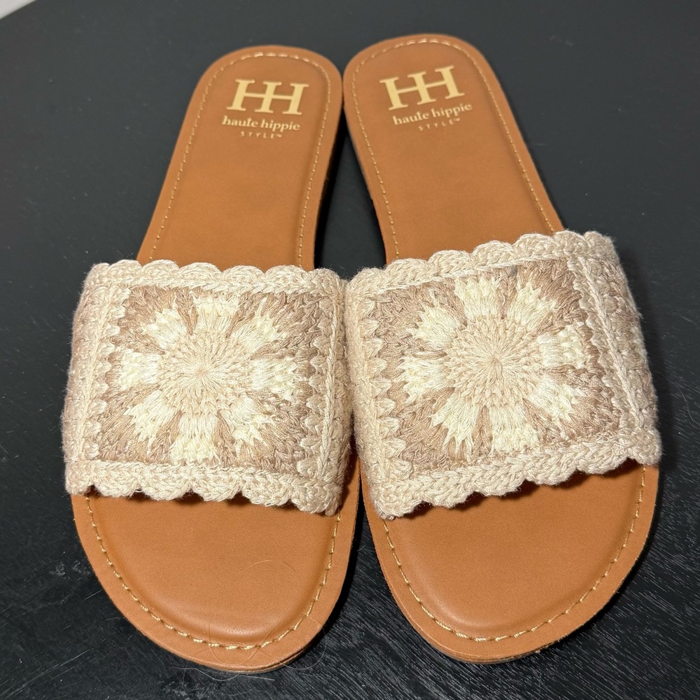 Haute Hippie Rianne Crochet Slides Cream and Tan Women’s Size 8.5